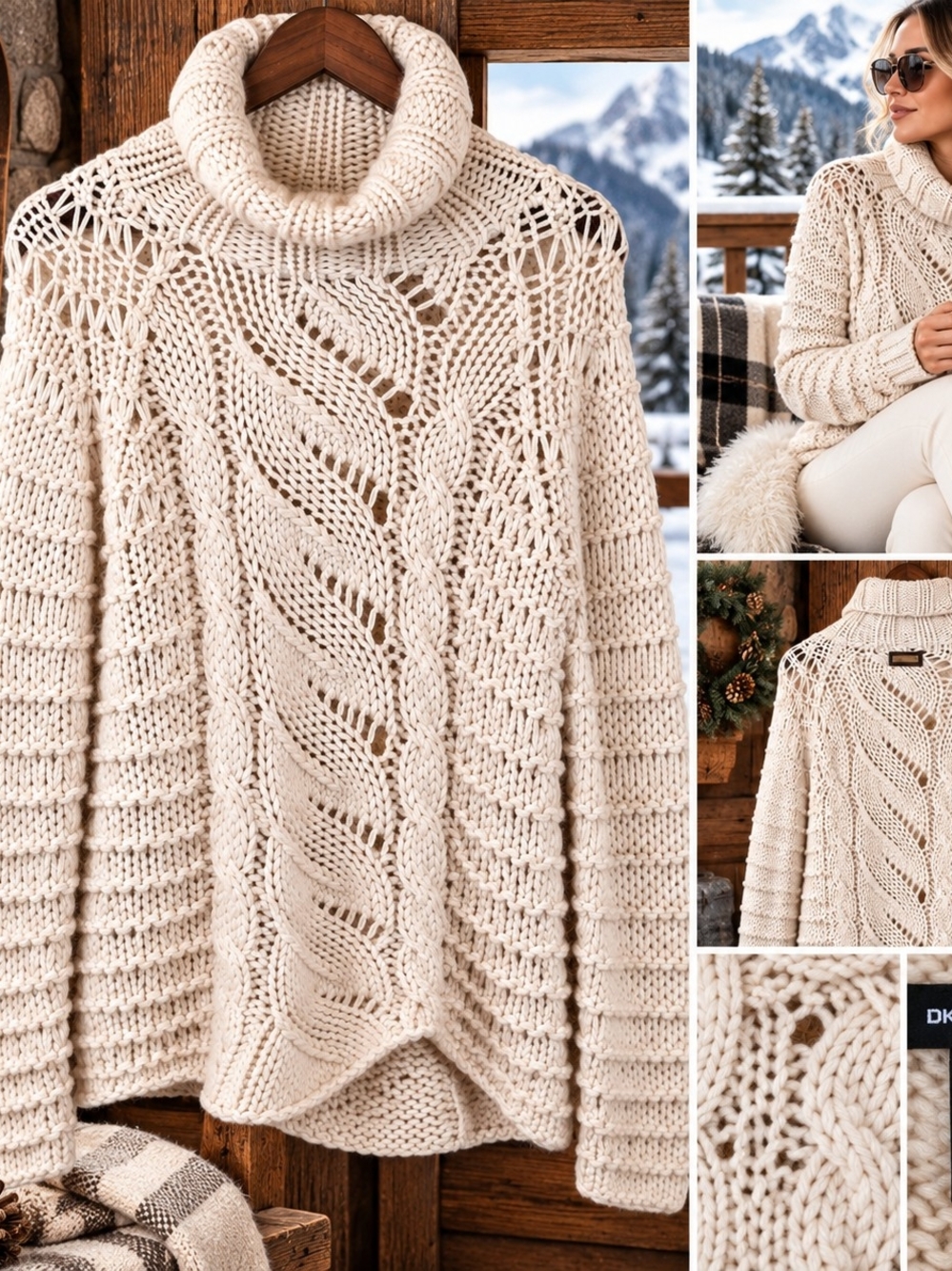DKNY Jeans L Ivory Chunky Cable Knit Open Weave Turtleneck Sweater Après Ski